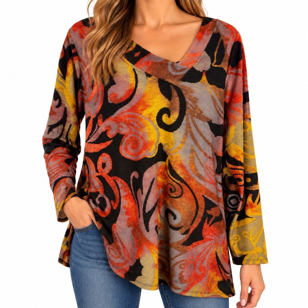 Shana Sz Medium Yellow Orange Long Sleeve Fall Harvest Shirt Top Wearable Art